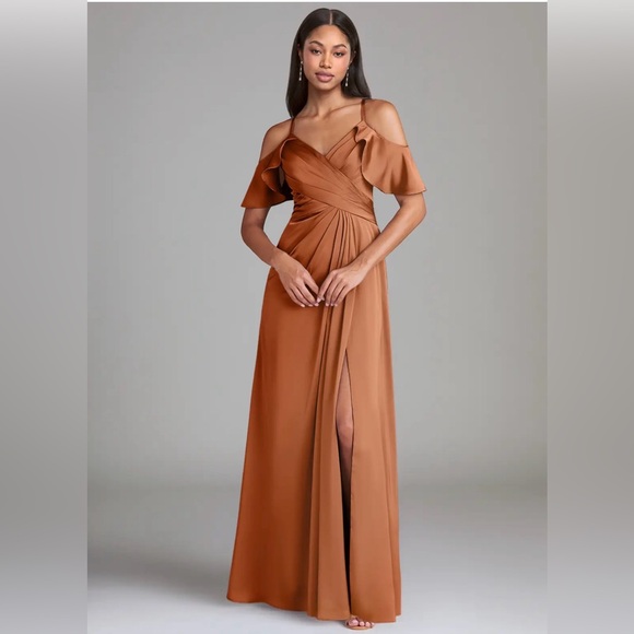 Azazie Dresses & Skirts - Azazie Dakota Satin Dress Copper Off The Shoulder Size 4